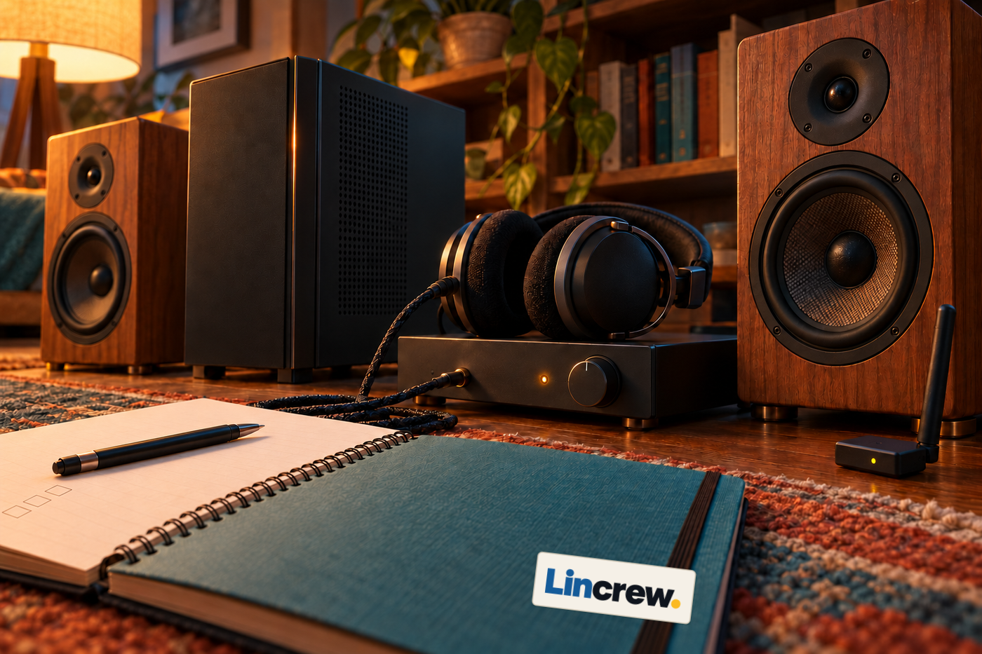 Ilustración editorial de un equipo compacto junto a altavoces, auriculares y una libreta con la marca Lincrew.