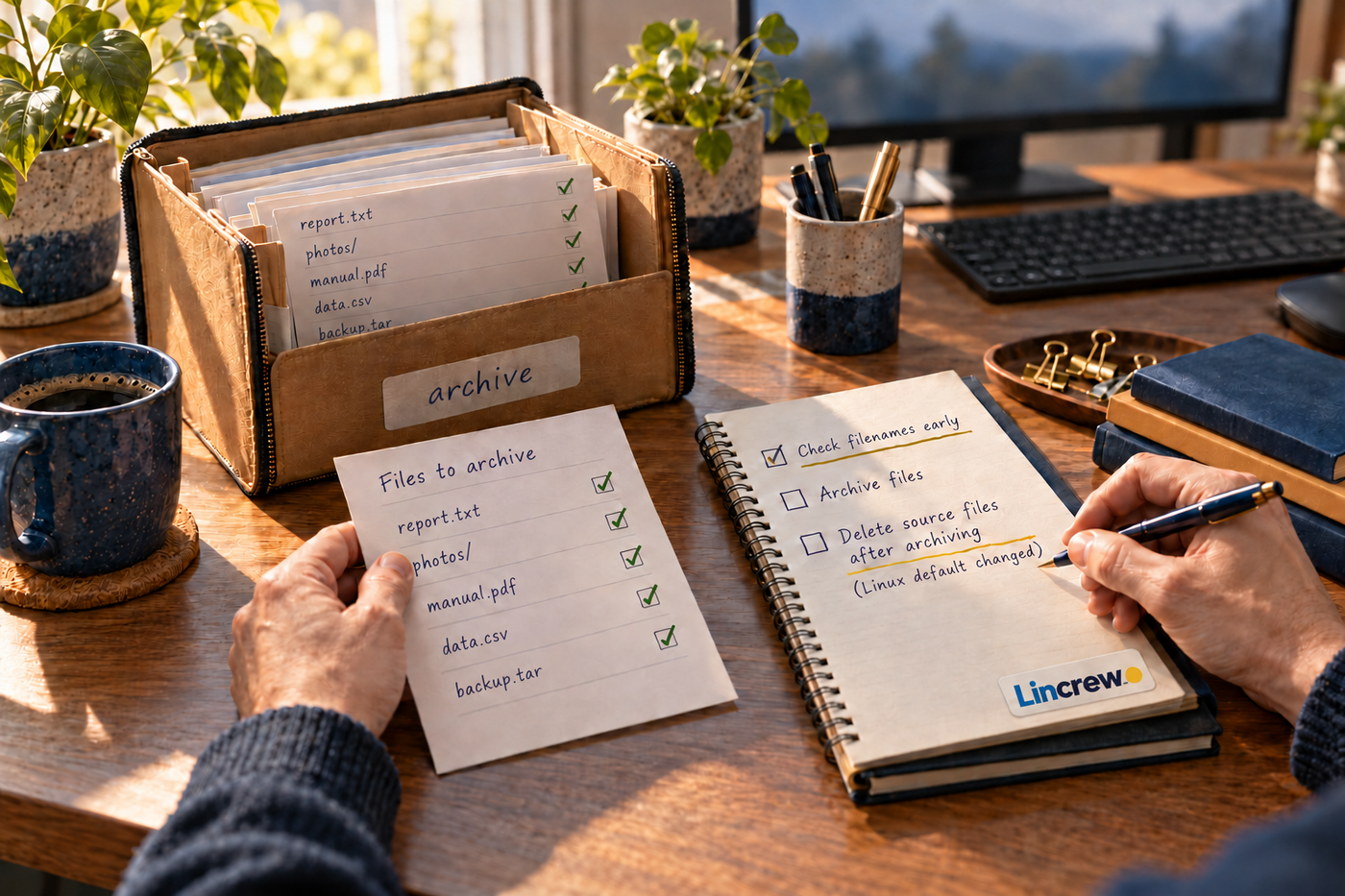 Ilustración editorial de una persona comparando nombres de archivos en una carpeta de archivo y una libreta, con la marca Lincrew en una pegatina.