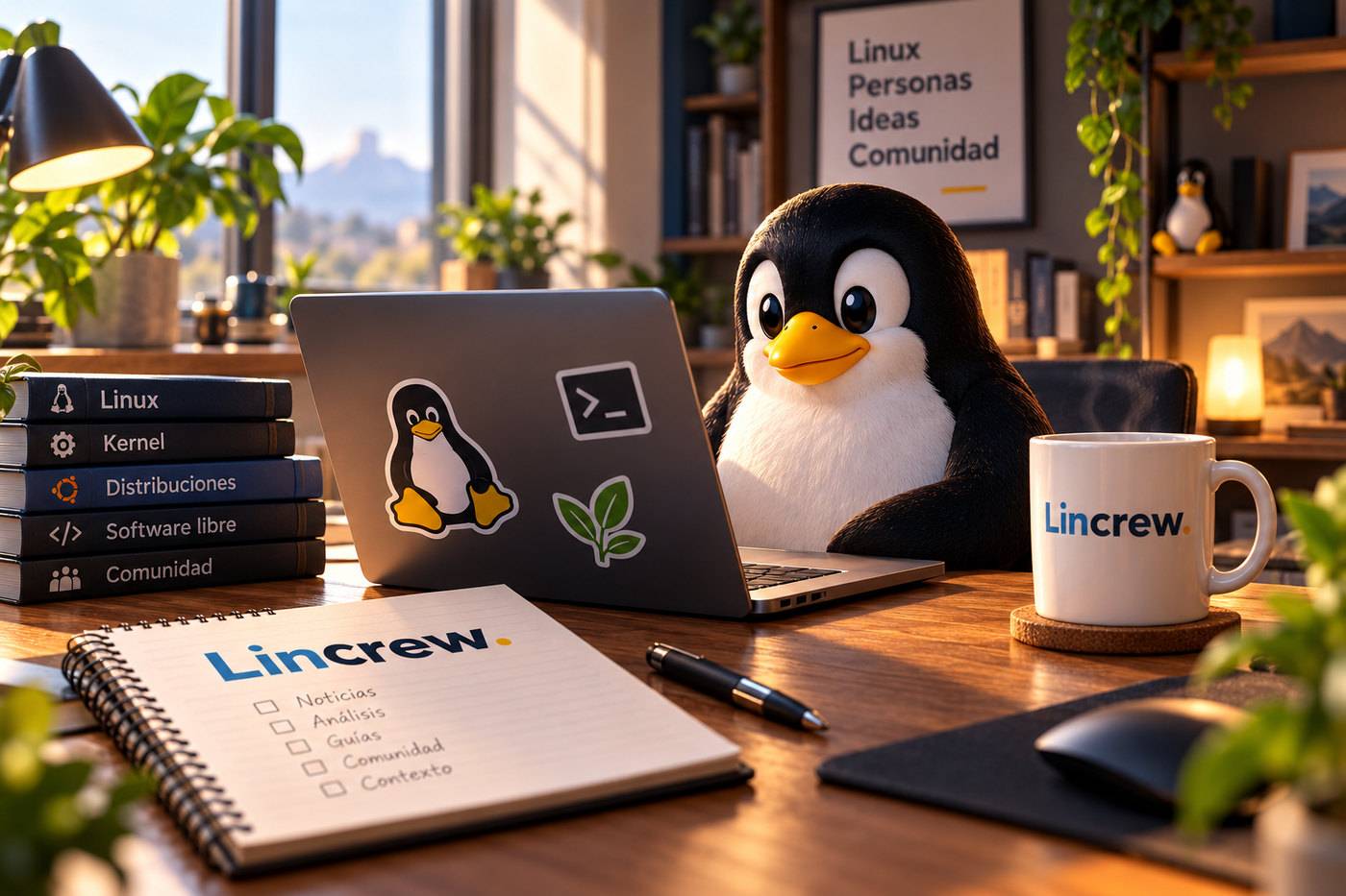 Ilustración editorial de un espacio de trabajo luminoso con Tux ante un portátil Linux, libros sobre kernel y distribuciones, plantas y el logotipo Lincrew azul, oscuro y amarillo en una taza y un cuaderno.